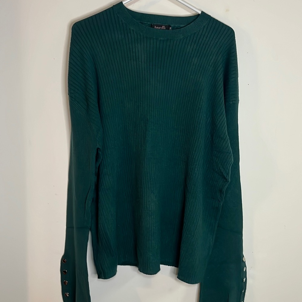 Amaryllis Hunter Green Ribbed Knit Flared Sleeve Snap Detail Sweater 3X NWT